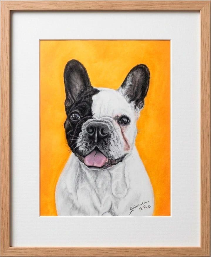 Obra original formato retrato hiperrealista en pinturas pastel de un perro bulldog francés