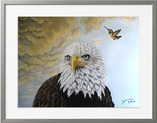 Obra original formato retrato hiperrealista en pinturas pastel de un águila americana