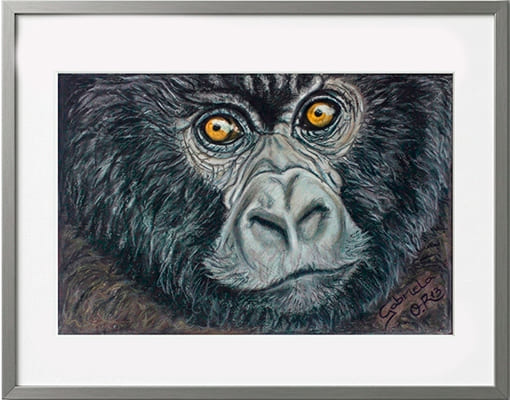 Obra original formato retrato hiperrealista en pinturas pastel de un gorila joven