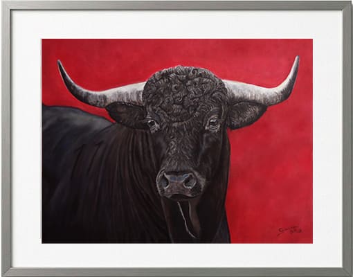 Obra original formato retrato hiperrealista en pinturas pastel de un toro español